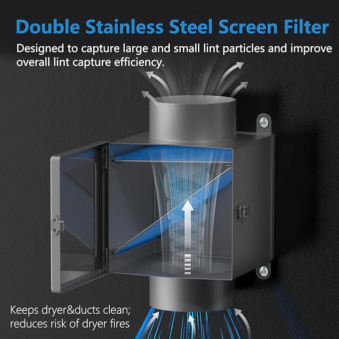 Dryer Duct Lint Trap, Indoor Dryer Vent Kit with 4inch 8FT Dryer Vent Hose, 2 Clamps, 2 Stainless Steel Mesh, Secondary Lint Trap for Electric Clothes Dryers - Dryer Lint Catcher(Metal)