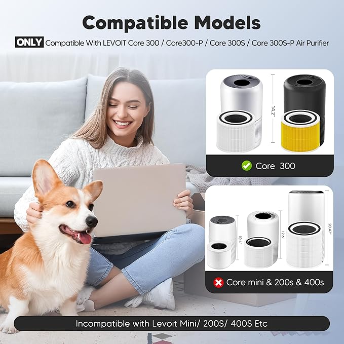 Core 300 Replacement Filter for LEVOIT Core 300 Core 300S Core 300-P Core 300S-P Air Purifier, 3-in-1 High Efficiency Activated Carbon, Compared to Part # Core 300-RF, 4 Pack, White