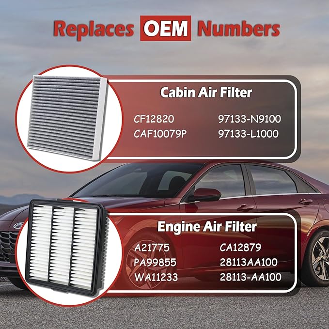 28113-AA100 Engine Air Filter and CF12820 Cabin Air Filter kit Compatible with 2021-2025 Hyundai Elantra 2022-2023 Elantra N 2024-2025 Kona Not For Hybrid Replaces CA12879 97133-L1000