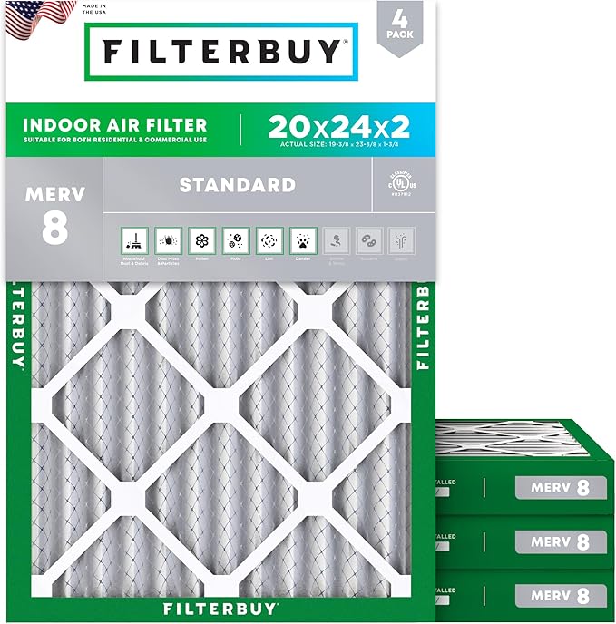 Filterbuy 20x24x2 Air Filter MERV 8 Essential Dust & Allergy Defense (4-Pack), Electrostatic Pleated HVAC AC Furnace Filters Replacement (Actual Size: 19.38 x 23.38 x 1.75)
