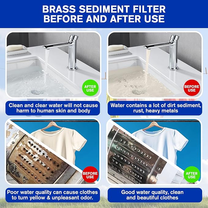 Pacify 40 Micron Reusable Brass Sediment Filter, Inline Washing Machine Water Filter System for Washer, Shower, Heater, Well Water, Garden, RV, Impede Scale