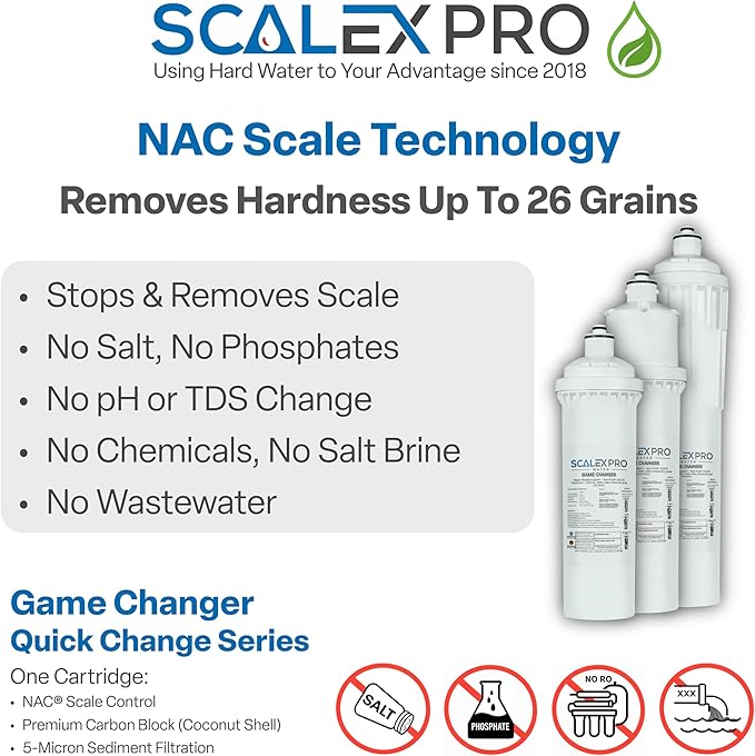 Game Changer 12” Hard Water Scale Prevention Filter – Salt-Free NAC Technology Prevents Scale Up to 26 Grains, Removes Chlorine & Other Common Municipal Water Chemicals, 6,000 Gallons