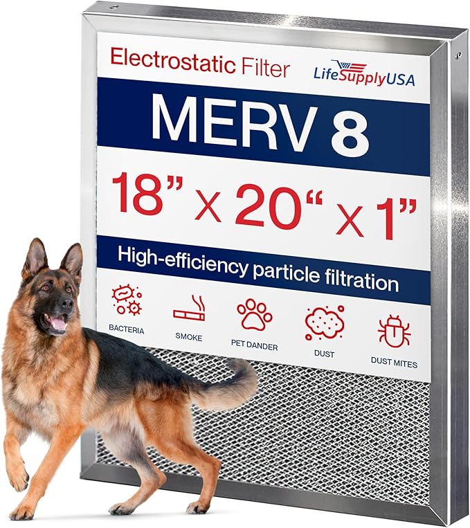 18x20x1 Electrostatic Air Filter, MERV 8, Washable, Reusable Furnace AC/HVAC Filter, Energy Saving, Easy to Clean, Long-Lasting by LifeSupplyUSA