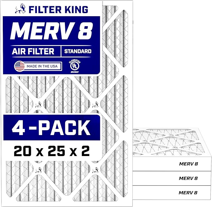 Filter King 20x25x2 Air Filter (MERV 8) (4-Pack) Dust & Allergy Control AC Furnace Filters, MADE IN USA, HVAC, Pleated, Electrostatic (Actual Size: 19.5 x 24.5 x 1.75)