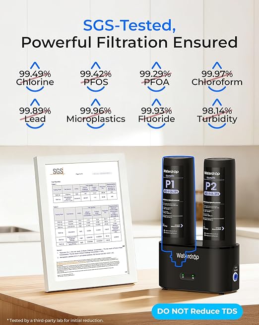 Waterdrop DLG-P Under Sink Water Filter System, Reduces PFAS Chlorine Chloramine Fluoride Odor, 2 Stage Under Sink Water Filtration System with Dedicated Faucet, 2-Outlet Filter, Life Indicator