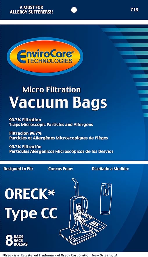EnviroCare Replacement Micro Filtration Vacuum Cleaner Bags made to fit Oreck Type CC, XL. Fits All XL7, XL21, 2000's, 3000's, 4000's, 8000's, 9000's Series Upright Vacuum Cleaners 8 pack