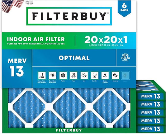 Filterbuy 20x20x1 Air Filter MERV 13 Optimal Smoke & Allergy Defense (6-Pack), Electrostatic Pleated HVAC AC Furnace Filters Replacement (Actual Size: 19.50 x 19.50 x 0.75)