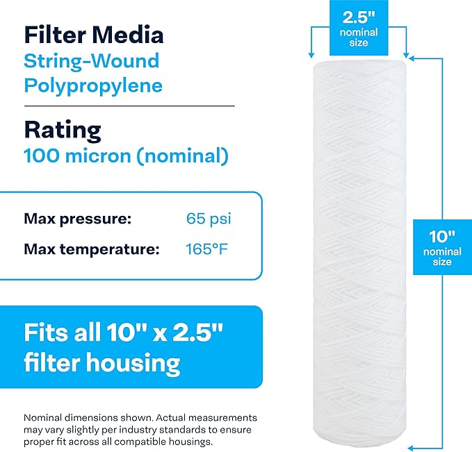 SpiroPure SP-CW100 10x2.5 100 Micron String-Wound Polypropylene Sediment Water Filter Cartridge SWC-25-10100 (Case of 24)