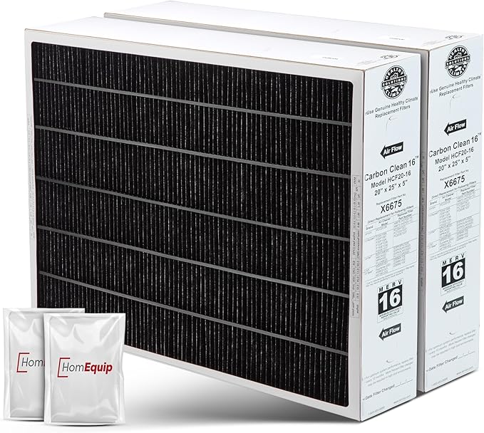 Lennox 20x25x5 Furnace Filter, X6675 Filter Replacement, Merv 16 Carbon Clean with Homequip Disposal Bag 2-Pack (Actual Size: 19.8 x 24.8 x 4.3 Inches)