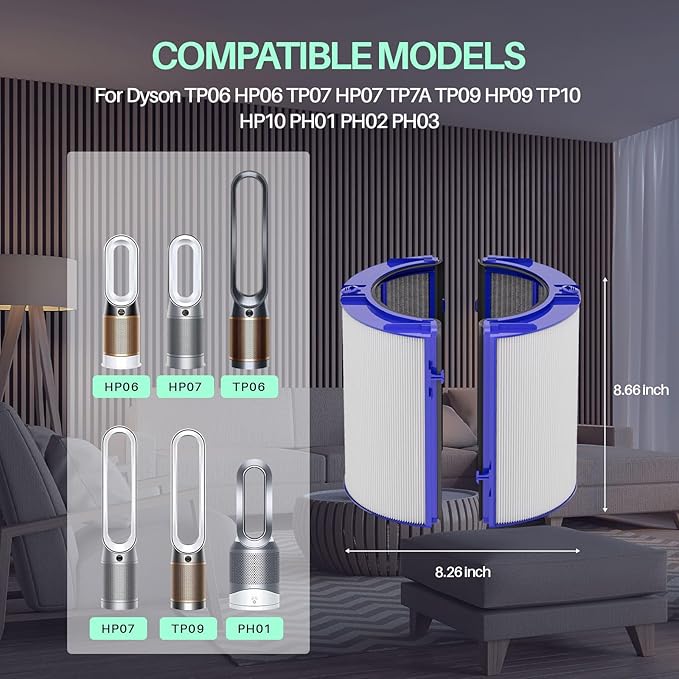 360 Combi Glass Hepa + Carbon Air Purifier Filter for Dyson TP10 TP07 HP07 HP09 HP10 TP09 TP06 HP06 TP7A PH01 PH02 PH03, Air Purifier Filter Replacements for Dyson, 1 Pack (Upgraded)