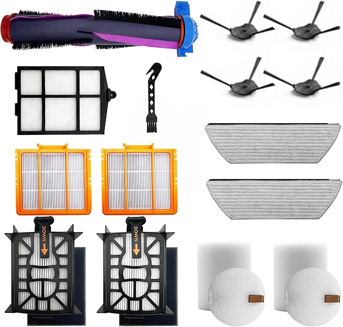 15 Pcs Replacement Part for Shark RV2920XE Robot Vacuum Cleaner.1 Brushroll, 2 filter cotton, 2 Black filter, 2 Orange filter, 1 filter Mesh, 2 Mop Pads, 4 Side Brushes, 1 Cleaning Brush.