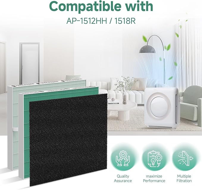 2-Pack AP-1512HH Replacement Filter, Compatible with Coway AP-1512HH Mighty Purifier, Part# 3304899, with 8 Extra Carbon Filters-Green Version