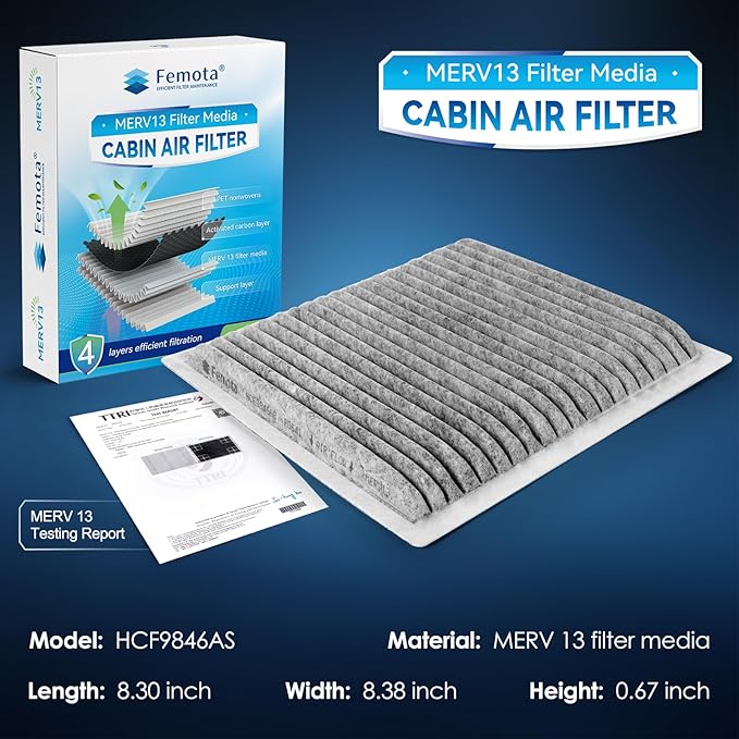 Certified MERV 13 Cabin Air Filter with Activated Carbon, CF9846A for Mazda MPV, Mitsubishi Endeavor/Galant, Subaru Legacy/Outback/Tribeca, Toyota 4Runner/Celica/FJ Cruiser/Prius/Sienna.