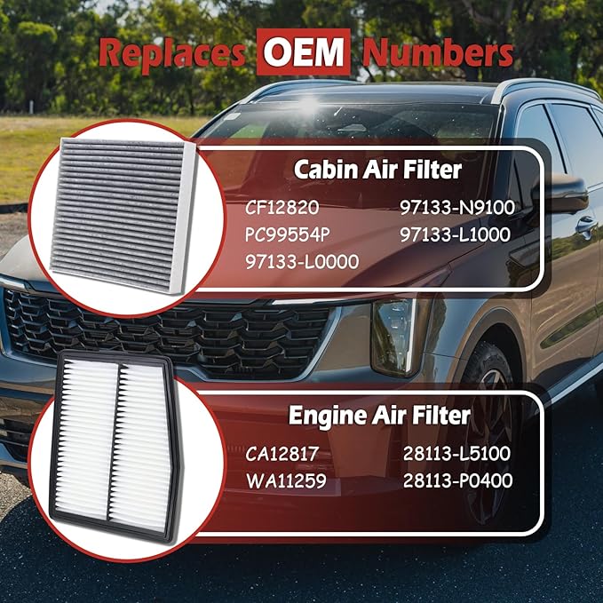 28113-L5100 Engine Air Filter and 97133-L0000 Cabin Air Filter kit Compatible with 2021-2025 Santa Fe 1.6L Hybrid 2020-2025 Sonata 2.0L Hybrid 2022-2025 Tucson Hybrid Replaces CA12817 CF12820
