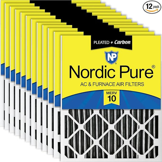 Nordic Pure 14x25x2 (Actual Size: 13 1/2 x 24 1/2 x 1 3/4) Furnace Air Filters MERV 10 Pleated Plus Carbon 12 Pack