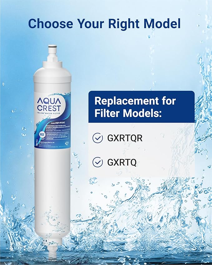 AQUA CREST GXRTQR Inline Water Filter, NSF Certified, Replacement for GE® GXRTQR, GXRTQ, Carbon Block Media Ensures 99% Chlorine Reduction, 3 Filters (Package may vary)
