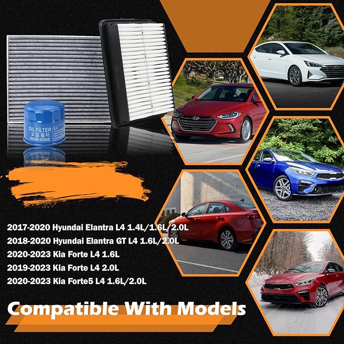 Kefly 28113-F2000 Engine Air Filter & 26300-35505 Oil Filter & 97133-F2000 Cabin Air Filter Fits for 2017-2020 Hyundai Elantra, 2019-2023 Kia Forte, 2020-2023 Forte5