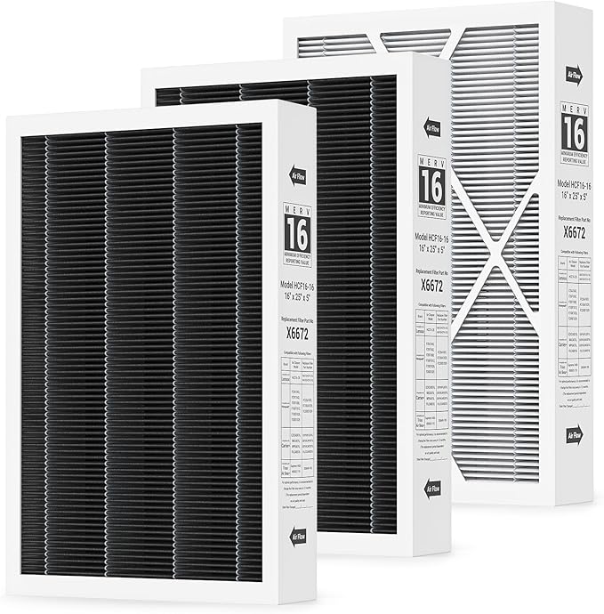 3-pack X6672 MERV 16 Filter, 16X25X5 Filter Compatible with Lennox X6672 and Lennox HCC16-28 Healthy Climate Carbon Clean MERV 16 Home Furnace Filter for HVAC System, Part # HCF16-16, HCF16-10