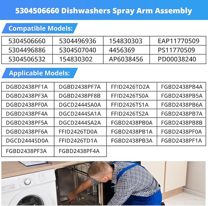 5304506660 Dishwashers Spray Arm Assembly Fit for Frigidaire Dishwashers Lower Wash Arm Assembly with 5304518968 Dishwasher Lower Spray Arm Support and 5304506518 Dishwasher Trap Drain Filter