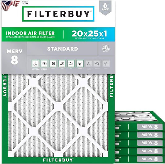 Filterbuy 20x25x1 Air Filter MERV 8 Essential Dust & Allergy Defense (6-Pack), Electrostatic Pleated HVAC AC Furnace Filters Replacement (Actual Size: 19.50 x 24.50 x 0.75)