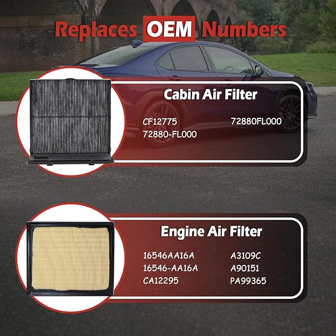 16546-AA16A Engine Air Filter and CF12775 Cabin Air Filter kit Compatible with 2019-2025 Subaru Forester 2.5L H4 2022-2025 WRX 2.4L H4 Replaces 16546AA16A 72880-FL000
