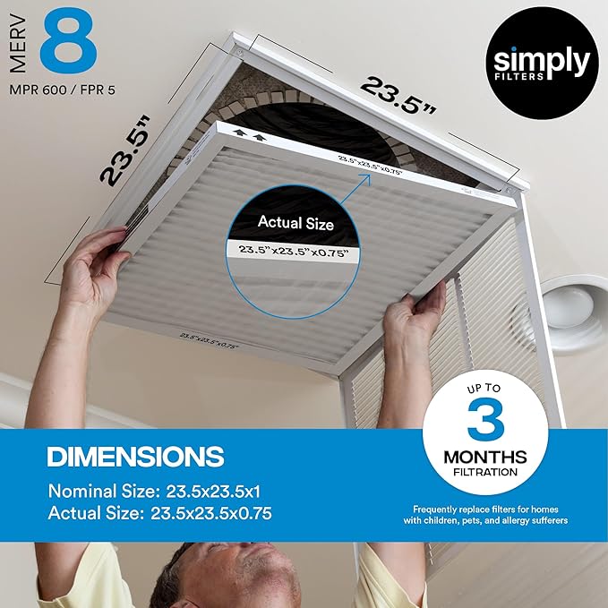 Simply 23.5x23.5x1 Air Filter, Merv 8, 4 Pack, For Home AC Furnace & HVAC (Actual Size: 23.5x23.5x0.75") DUST, Pet, & Allergy Control