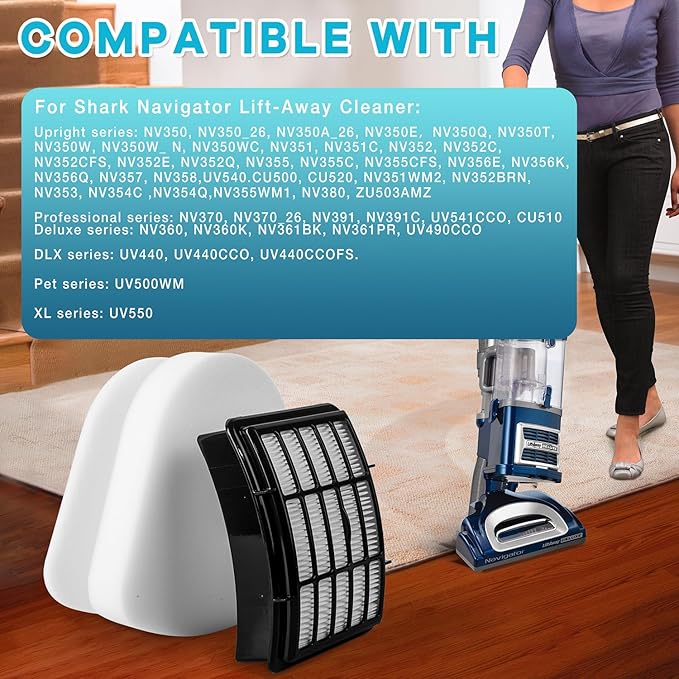NV360 Filter Replacement for Shark Navigator Lift Away Vacuum ZU503AMZ, NV350, NV351, NV352, NV355, NV356E, NV357, NV360, NV370, UV550, 1 HEPA + 2 Foam & Felt Filters Replace Part #Xff350 & Xhf350