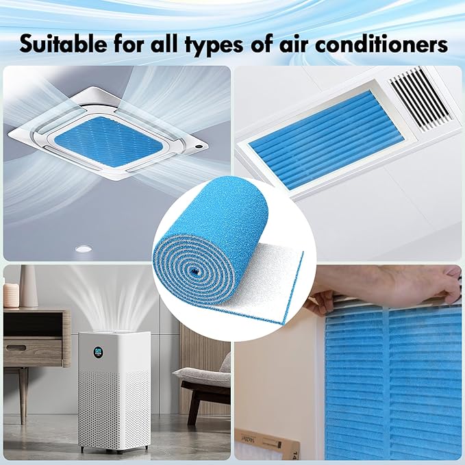 20 x 140" Air Vent Filters, 0.5-inch Thickness MERV 8 Filter Material, Cut Into About 100 Filters, HVAC Furnace Vent Filters for Home, Floor, Ceiling, Grilles (48PCS Adhesive Hook Tape)
