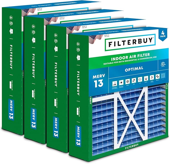 Filterbuy 22x24x5 Air Filter MERV 13 Optimal Smoke & Allergy Defense (4-Pack), Electrostatic Pleated HVAC AC Furnace Filters for Amana, Goodman, and Five Seasons (Actual Size: 22.06 x 23.94 x 5.25)