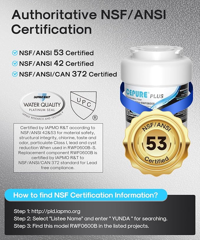 ICEPURE PLUS RWF0600B NSF/ANSI 53 & 42 Certified Refrigerator Water Filter, Remove Lead, Replacement for GE MWF, MWFINT, MWFA, HDX FMG-1, Kenmore 46-9991, GSE25GSHECSS, WFC1201, PC75009, 3PACK