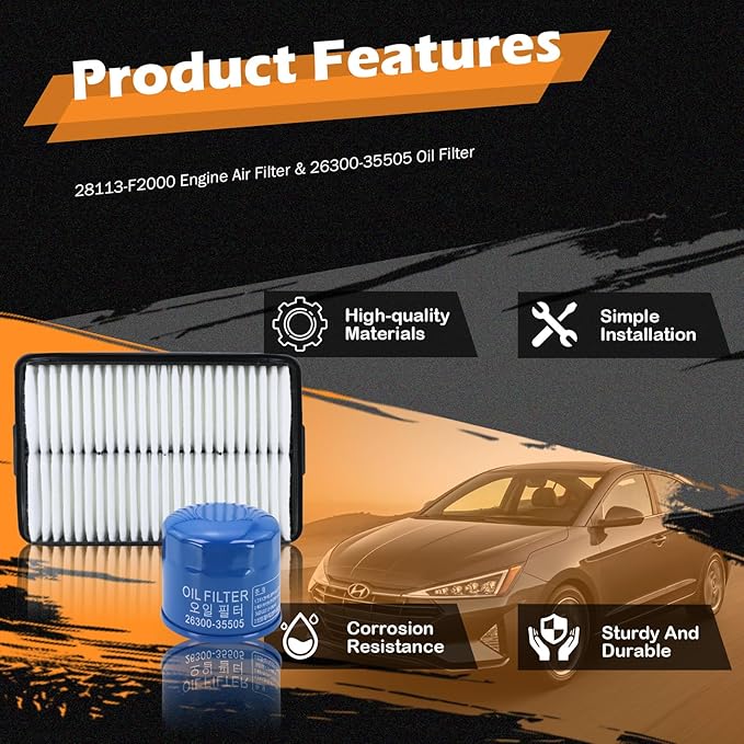 Kefly 28113-F2000 Engine Air Filter & 26300-35505 Oil Filter Fits for 2020-2023 Kia Soul, 2019-2024 Forte, 2018-2023 Hyundai Kona, 2019-2021 Veloster, 2017-2020 Hyundai Elantra