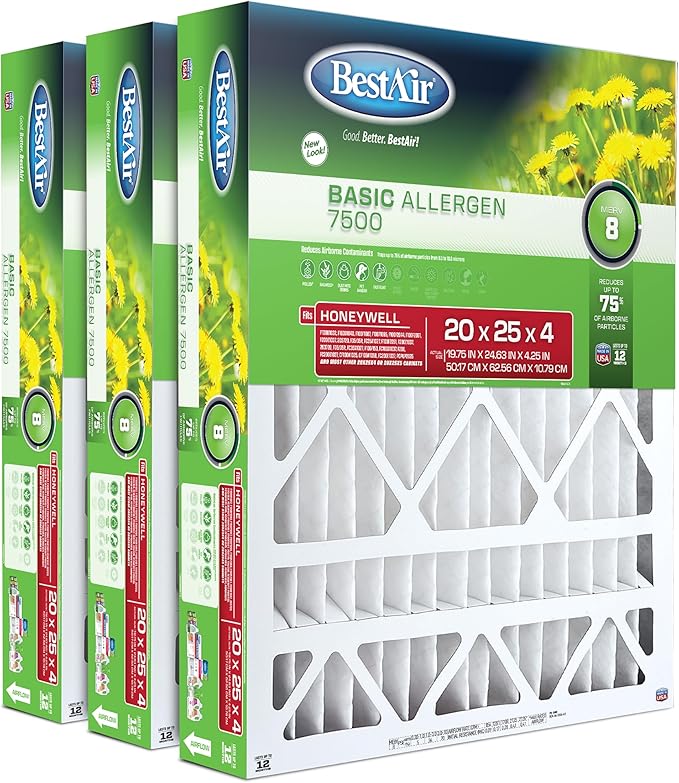 BestAir HW2025-8R AC Furnace Air Filter, 20" x 25" x 4", MERV 8, Removes Allergens & Contaminants, Fits 100%, For Honeywell Models, Pack of 3