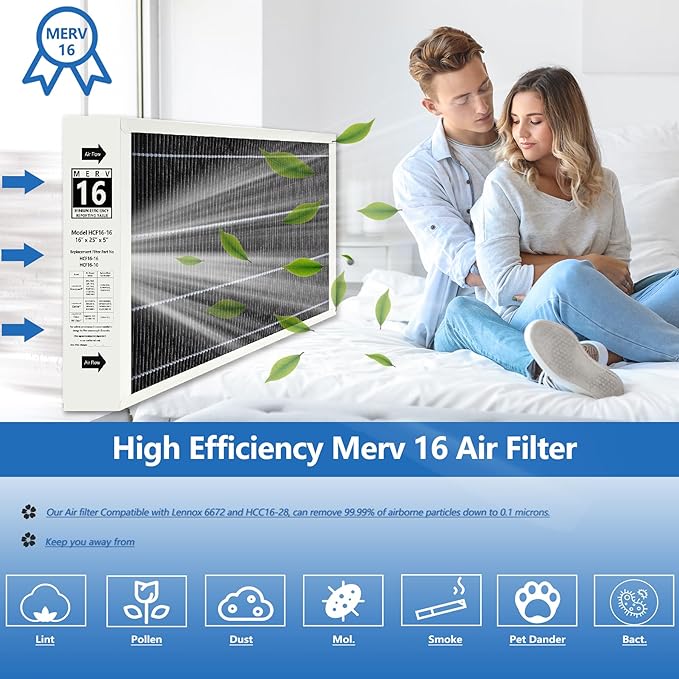 2 Pack X6672 16x25x5 MERV 16 Filter Compatible with Lennox 6672, HCC16-28 Healthy Climate Clean MERV 16 Home Furnace Filter for HVAC System, Part Number HCF16-16, HCF16-10