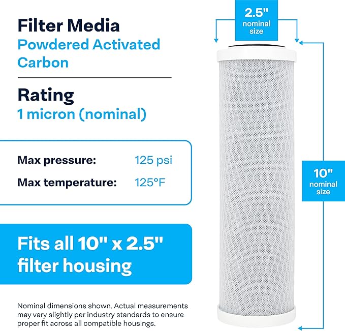 SpiroPure SP-CBC-10 10x2.5 1 Micron NSF Certified Coconut Shell Carbon Block Water Filter Cartridge CB1-10 255382-43 CB-25-1001 (Case of 12)