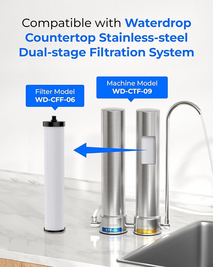 Waterdrop WD-CFF-06 Replacement Filter, Countertop Water Filter, 8000 Gallons Longer Filter Life, Reduces PFOA, PFOS, Chlorine, Sediment, 1 Pack