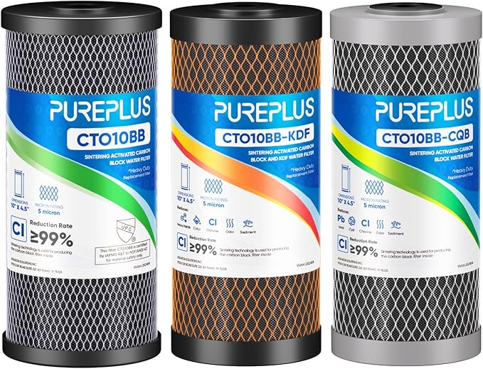 PUREPLUS 10" x 4.5" Whole House Carbon Water Filter Combo Pack, CTO10BB + CTO10BB-KDF + CTO10BB-CQB, 5 Micron, Lead & Heavy Metal Reduction, Fits GE GXWH40L, DuPont WFHDC8001, 3-Pack