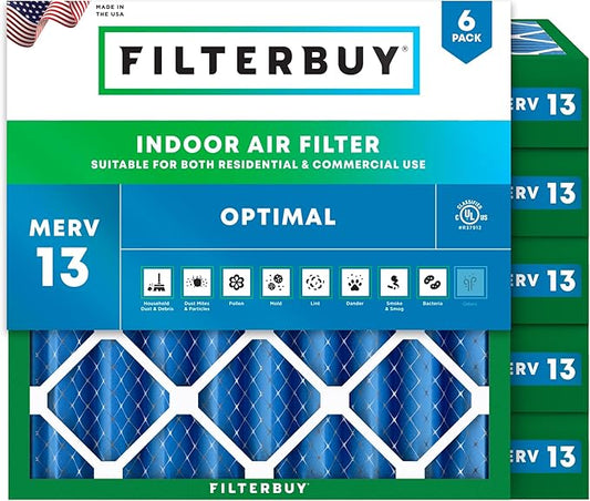 Filterbuy 25x25x4 Air Filter MERV 13 Optimal Smoke & Allergy Defense (6-Pack), Electrostatic Pleated HVAC AC Furnace Filters Replacement (Actual Size: 24.50 x 24.50 x 3.63)