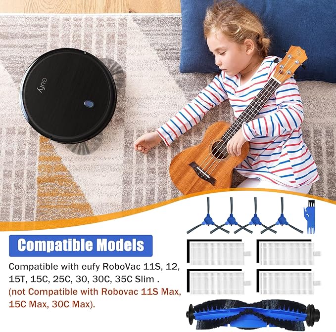Replacement Parts for Eufy Robovac 11S, 12, 15T, 15C, 25C, 30, 30C, 35C Slim Carpet Robotic Vacuum Cleaner, 4 Side Brushes, 4 Filters, 1 Roller Brush and Clean Tools Accessories Kit 10 Pack
