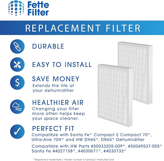 4 Pack Premium Replacement Filters Compatible with Santa Fe Compact 2 Compact 70, Ultra-Aire 70H, Honeywell DH65, DR65 Dehumidifier - Pack of 4