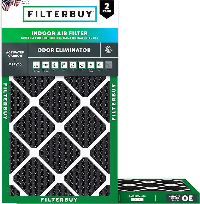 Filterbuy 12x20x1 Air Filter MERV 10 Odor & Allergy Defense with Activated Carbon (2-Pack), Electrostatic Pleated HVAC AC Furnace Filters Replacement (Actual Size: 11.50 x 19.50 x 0.75)