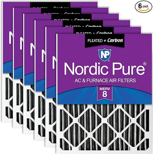Nordic Pure 20x25x4 (Actual Size: 19 1/2 x 24 1/2 x 3 5/8) Pleated Plus Carbon Air Filters MERV 8 6 Pack