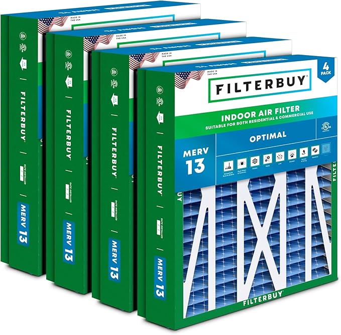Filterbuy 21x27x5 Air Filter MERV 13 Optimal Smoke & Allergy Defense (4-Pack), Pleated HVAC AC Furnace Filters for Trane Perfect Fit & American Standard (Actual Size: 20.56 x 26.13 x 4.97)