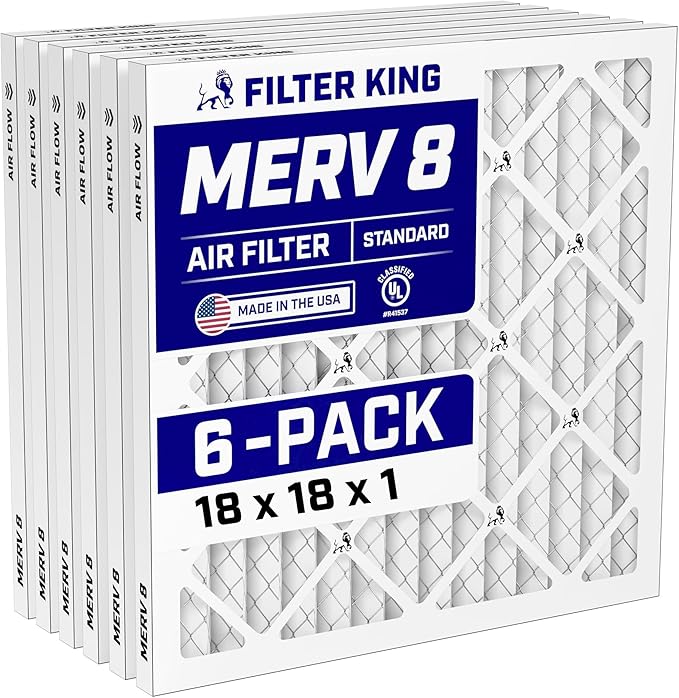 Filter King 18x18x1 Air Filter (MERV 8) (6-Pack) Dust & Allergy Control AC Furnace Filters, MADE IN USA, HVAC, Pleated, Electrostatic (Actual Size: 17.5 x 17.5 x .75)
