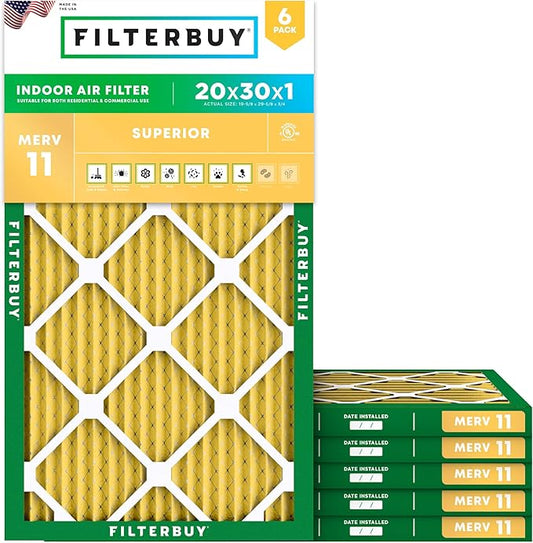 Filterbuy 20x30x1 Air Filter MERV 11 Superior Pet & Allergy Defense (6-Pack), Electrostatic Pleated HVAC AC Furnace Filters Replacement (Actual Size: 19.63 x 29.63 x 0.75)