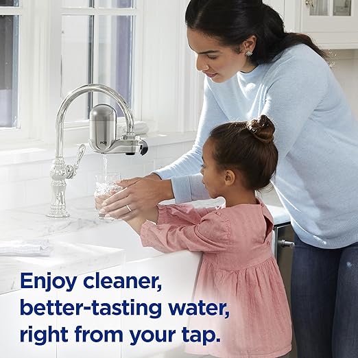 PUR PLUS Vertical Faucet Mount Water Filtration System, Lead-Reducing Filter, Great-Tasting Water, Easy Install, Lasts 100 Gallons, Compatible with Sinks with External Aerators, Stainless Steel