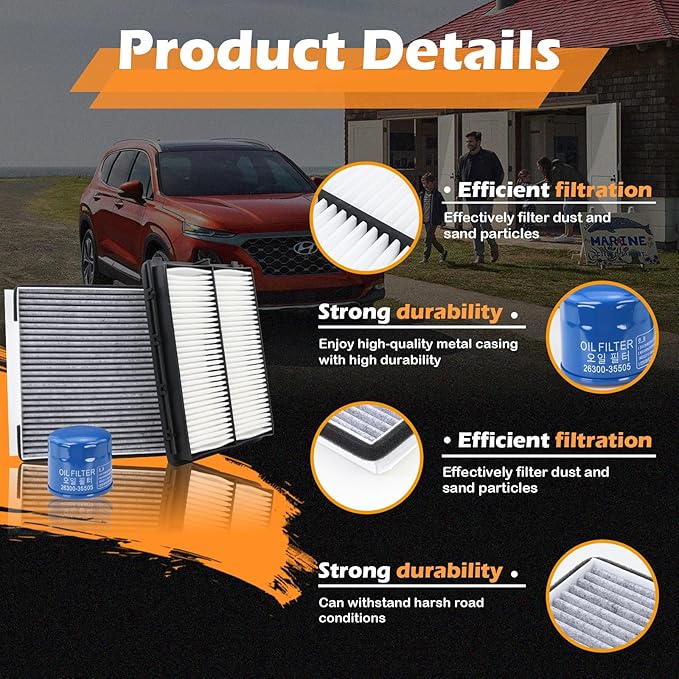 Kefly 28113-A9100 Engine Air Filter & 26300-35505 Oil Filter & 97133-J5000 Cabin Air Filter Fit for 2019-2020 Hyundai Santa Fe 2.0L 2.4L