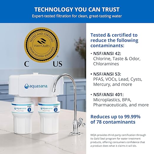 Aquasana Under Sink Water Filter | 2-Stage Filtration | Reduces up to 99.99% of PFAS, Lead, Chlorine, Cysts, & More | Under Counter Drinking Water Filter | Chrome Faucet | AQ-6200-CHR