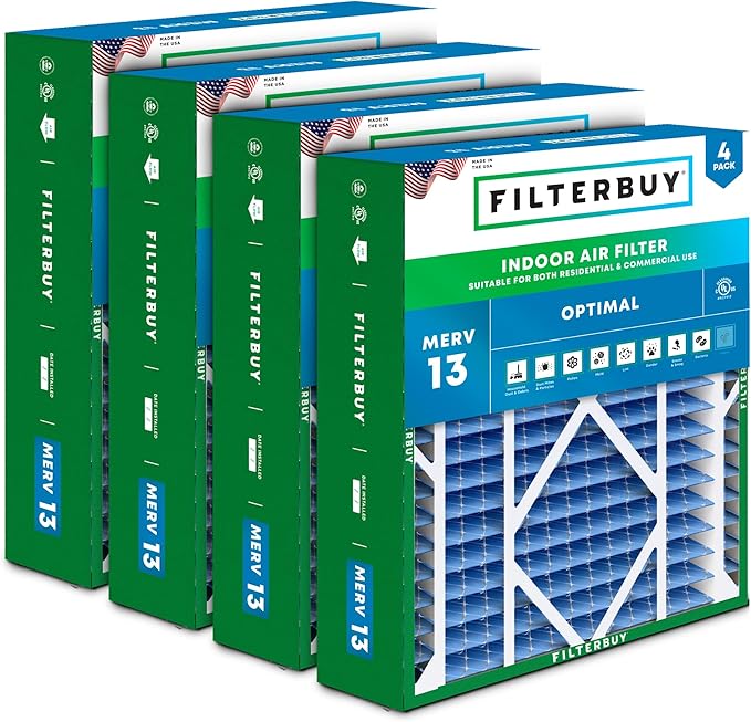 Filterbuy 20x21x5 Air Filter MERV 13 Optimal Smoke & Allergy Defense (4-Pack), Electrostatic Pleated HVAC AC Furnace Filters Replacement for Lennox and Electro-Air (Actual Size: 19.88 x 20.50 x 4.38)