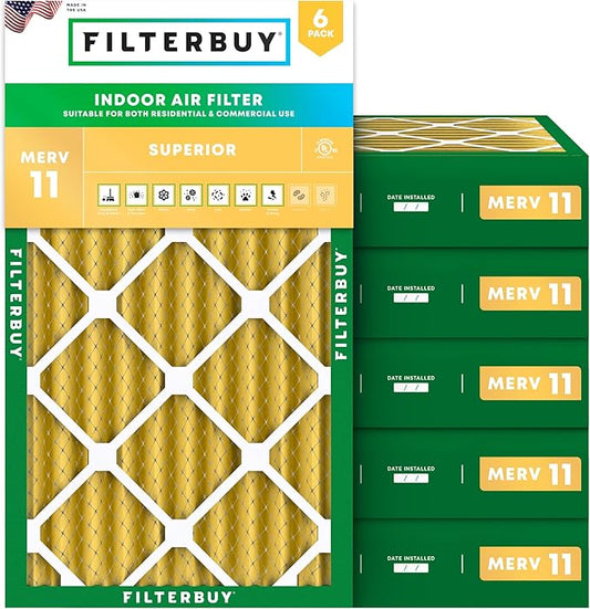 Filterbuy 12x20x4 Air Filter MERV 11 Superior Pet & Allergy Defense (6-Pack), Electrostatic Pleated HVAC AC Furnace Filters Replacement (Actual Size: 11.50 x 19.50 x 3.63)