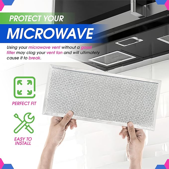 Microwave Filter Replacement 5.78" x 12.91" Fits W10208631A Whirlpool Microwave Filter - Aluminum Mesh Screen Grease Filters - Freshens and Filters Kitchen Air in Over the Stove Oven Vent Fan (2-Pack)